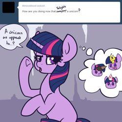 Size: 1200x1200 | Tagged: safe, artist:otterlore, character:twilight sparkle, species:pony, species:unicorn, ask, banana, blank flank, cave, clothing, hat, horn, ice cream, ice cream cone, party hat, spiderponyrarity, thought bubble, tumblr