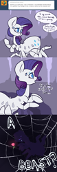 Size: 1200x3600 | Tagged: safe, artist:otterlore, character:rarity, ask, cave, comic, crying, drider, female, glow, monster pony, original species, romance, rose, sad, silhouette, solo, species swap, spider, spider web, spiderpony, spiderponyrarity, tumblr