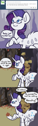 Size: 584x1885 | Tagged: safe, artist:otterlore, character:rarity, ask, autumn, cave, comic, dialogue, drider, female, forest, four eyes, hibernation, leaf, leaves, monster pony, original species, outdoors, parasprite, solo, species swap, speech bubble, spider, spiderpony, spiderponyrarity, tumblr
