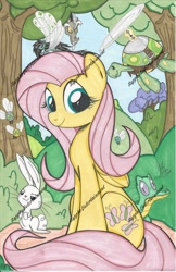 Size: 1205x1862 | Tagged: safe, artist:ponygoddess, character:angel bunny, character:discord, character:fluttershy, character:gummy, character:tank, species:breezies, looking at you, parasprite, sitting, traditional art