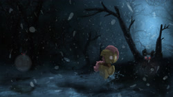 Size: 4000x2250 | Tagged: safe, artist:fuzzyfox11, character:fluttershy, absurd resolution, female, night, scared, snow, snowfall, solo, tree