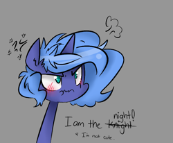 Size: 806x663 | Tagged: safe, artist:jankrys00, character:princess luna, lunadoodle, :t, angry, blatant lies, blushing, cute, dialogue, female, filly, frown, glare, i am the night, i'm not cute, lies, lunabetes, messy mane, misspelling, scrunchy face, simple background, solo, wavy mouth, woona