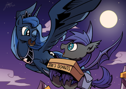 Size: 4093x2894 | Tagged: safe, artist:lovelyneckbeard, character:princess luna, oc, oc:au hasard, species:bat pony, species:pony, donut, flying, happy, i can't believe it's not idw, moon, mouth hold, night, night guard, open mouth, royal guard, saddle bag, smiling, spread wings, wings, wink