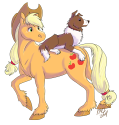 Size: 794x834 | Tagged: safe, artist:carnivorouscaribou, character:applejack, character:winona, species:dog, species:earth pony, species:pony, collie, duo, female, mare, realistic horse legs, riding, simple background, transparent background, unshorn fetlocks