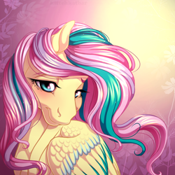 Size: 1280x1280 | Tagged: safe, artist:kittehkatbar, character:fluttershy, bedroom eyes, female, looking at you, pretty, rainbow power, realistic, smiling, solo