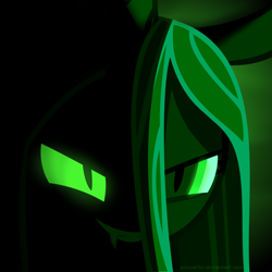 Size: 1000x1000 | Tagged: safe, artist:ponyecho, character:queen chrysalis, species:changeling, changeling queen, evil grin, female, glowing eyes, grin, show accurate, solo