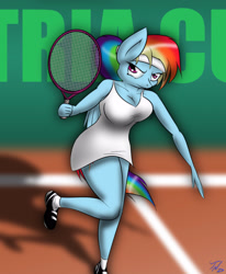 Size: 2468x3000 | Tagged: safe, artist:tunderi, character:rainbow dash, species:anthro, breasts, busty rainbow dash, cleavage, clothing, dress, female, short dress, solo, sports dress, tennis
