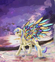 Size: 2111x2381 | Tagged: safe, artist:owlvortex, oc, oc only, species:crystal pony, species:pegasus, species:pony, cloud, cloudy, looking up, raised hoof, solo, spread wings, stained glass wings, wings