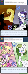Size: 1200x3200 | Tagged: safe, artist:otterlore, character:daisy, character:fluttershy, character:lily, character:lily valley, character:rarity, character:roseluck, character:sweetie belle, ask, clothing, drider, garish, green, little, monster pony, original species, snake, species swap, spider, spiderpony, spiderponyrarity, tiny, tiny ponies, tumblr, would you rather
