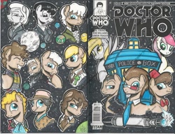 Size: 1024x787 | Tagged: safe, artist:ponygoddess, character:derpy hooves, character:doctor whooves, character:roseluck, character:time turner, species:pegasus, species:pony, clothing, comic, cover, doctor who, eighth doctor, eleventh doctor, eyes closed, female, fifth doctor, first doctor, fourth doctor, frown, glare, grin, jacket, mare, moon, ninth doctor, planet, raised eyebrow, scarf, second doctor, seventh doctor, sixth doctor, smiling, sonic screwdriver, tardis, tenth doctor, the doctor, thinking, third doctor, twelfth doctor, war doctor