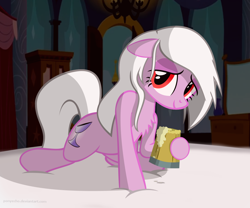 Size: 1200x1000 | Tagged: safe, artist:ponyecho, oc, oc only, oc:platinum chalice, alcohol, bed, bed mane, bedroom eyes, beer, drink, female, red eyes, seductive, show accurate, solo, tankard, white mane