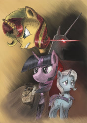 Size: 2480x3508 | Tagged: safe, artist:plainoasis, character:sunset shimmer, character:trixie, character:twilight sparkle, character:twilight sparkle (alicorn), species:alicorn, species:pony, species:unicorn, alicorn amulet, cape, clothing, counterparts, frown, glare, gritted teeth, magical trio, open mouth, saddle bag, scroll, serious, twilight's counterparts, worried