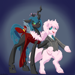 Size: 1280x1280 | Tagged: safe, artist:hobbsmeerkat, character:queen chrysalis, oc, oc:fluffle puff, species:pony, ship:chrysipuff, bipedal, blushing, canon x oc, clothing, dress, female, lesbian, necktie, shipping, suit, tail bow