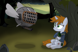Size: 1200x800 | Tagged: safe, artist:ponyecho, oc, oc only, oc:littlepip, oc:watcher, species:pony, species:unicorn, fallout equestria, clothing, dead tree, fanfic, fanfic art, female, mare, pipbuck, scene interpretation, show accurate, spritebot, tree, vault suit, wasteland