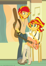 Size: 1304x1867 | Tagged: safe, artist:jaquelindreamz, character:sunset shimmer, my little pony:equestria girls, belt, binary shimmer, bracelet, chair, ear piercing, earring, equestria guys, guitar, half r63 shipping, jewelry, male, music notes, piercing, rule 63, shipping, sunglare, sunset glare