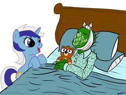 Size: 900x675 | Tagged: safe, artist:aa, character:minuette, oc, oc:anon, species:human, bed, costanza face, teddy bear
