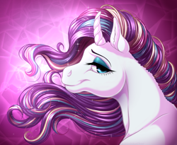 Size: 1280x1049 | Tagged: safe, artist:kittehkatbar, character:rarity, bedroom eyes, curved horn, eyeshadow, female, looking at you, makeup, portrait, profile, rainbow power, smiling, solo, sparkles, windswept mane