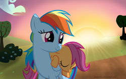 Size: 1600x1000 | Tagged: safe, artist:ponyecho, character:rainbow dash, character:scootaloo, species:pegasus, species:pony, best sisters, scootalove, show accurate, sleeping, sunset