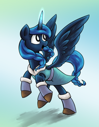 Size: 1050x1350 | Tagged: dead source, safe, artist:lovelyneckbeard, character:princess luna, alternate hairstyle, boots, clothing, female, glowing horn, happy, solo, spread wings, wings