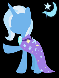 Size: 1200x1600 | Tagged: safe, artist:yaaaco, character:trixie, species:pony, species:unicorn, black background, cape, clothing, cutie mark background, female, gem, hooves, horn, lineless, mare, simple background, solo