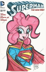 Size: 1024x1595 | Tagged: safe, artist:ponygoddess, character:pinkie pie, my little pony:equestria girls, crossover, dc comics, female, new 52, solo, superman, xk-class end-of-the-world scenario
