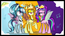 Size: 2900x1600 | Tagged: safe, artist:jankrys00, character:adagio dazzle, character:aria blaze, character:sonata dusk, species:pony, :t, bedroom eyes, blushing, crown, fin wings, floppy ears, frown, music notes, necklace, necktie, ponified, raised hoof, smiling, sonataco, taco, taco tuesday, the dazzlings, thought bubble, unamused, wings