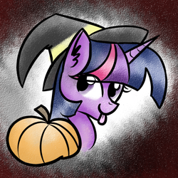 Size: 890x890 | Tagged: safe, artist:uunicornicc, character:twilight sparkle, female, pumpkin, solo, tongue out, witch hat