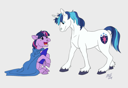 Size: 1119x771 | Tagged: safe, artist:carnivorouscaribou, character:shining armor, character:twilight sparkle, character:twilight sparkle (unicorn), species:pony, species:unicorn, blanket, brother and sister, cape, clothing, colt, duo, female, filly, filly twilight sparkle, hat, male, younger