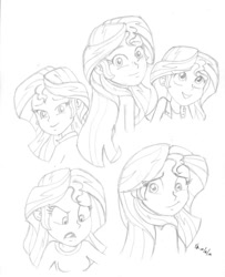 Size: 800x987 | Tagged: safe, artist:mayorlight, character:sunset shimmer, equestria girls:rainbow rocks, g4, my little pony: equestria girls, my little pony:equestria girls, facial expressions, female, monochrome, pencil drawing, solo, traditional art