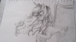 Size: 3648x2048 | Tagged: safe, artist:lunarcakez, character:princess luna, female, grayscale, monochrome, raised hoof, solo, spread wings, traditional art, wings