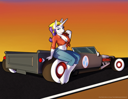 Size: 1657x1280 | Tagged: safe, artist:hobbsmeerkat, character:rarity, species:anthro, species:unguligrade anthro, bandana, belly button, car, front knot midriff, hot rod, implied rarijack, midriff, pinup, rockabilly, sitting
