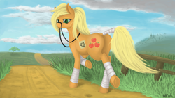 Size: 3000x1688 | Tagged: dead source, safe, artist:oneofyouare, character:applejack, 42, bridle, dock, female, horses doing horse things, leg wraps, plot, reins, solo, tack, tail wrap