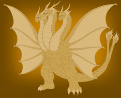 Size: 2996x2425 | Tagged: safe, artist:pyrus-leonidas, species:dragon, fanfic:the bridge, barely pony related, fanfic art, godzilla (series), grand king ghidorah, kaiju, king ghidorah, male, multiple heads, orange background, simple background, spread wings, three heads, wings