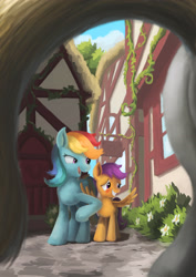Size: 2480x3508 | Tagged: safe, artist:plainoasis, character:rainbow dash, character:scootaloo, species:pegasus, species:pony, blushing, scenery, wingboner
