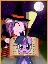 Size: 900x1200 | Tagged: safe, artist:ponyecho, character:princess cadance, character:twilight sparkle, book, bookhorse, clothing, costume, cute, filly, filly twilight sparkle, nightmare night, show accurate, spellbook, that pony sure does love books, trick or treat, twiabetes, witch, younger