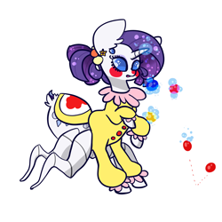 Size: 1280x1280 | Tagged: safe, artist:otterlore, character:rarity, clothing, clown, costume, female, halloween, juggling, makeup, monster pony, nightmare night, original species, parasprite, rarirachnid, simple background, solo, species swap, spider, spiderpony, spiderponyrarity, tumblr