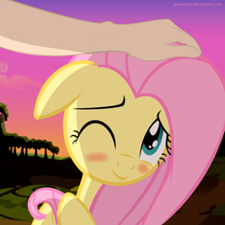 Size: 1200x1200 | Tagged: safe, artist:ponyecho, character:fluttershy, oc, oc:anon, species:human, species:pony, blushing, cute, female, floppy ears, hand, head rub, human on pony action, human on pony petting, interspecies, looking at you, mare, petting, ponyecho is trying to murder us, show accurate, shy, shyabetes, smiling, weapons-grade cute, wink