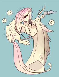 Size: 540x700 | Tagged: dead source, safe, artist:pasikon, character:discord, character:fluttershy, species:draconequus, species:pegasus, species:pony, ship:discoshy, blushing, cutie mark, dialogue, female, horns, male, shipping, shivering, simple background, smiling, speech bubble, straight, sweat, sweatdrop, trembling, wings