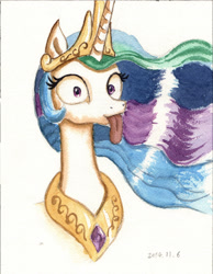 Size: 2127x2743 | Tagged: safe, artist:plainoasis, character:princess celestia, species:pony, female, sillestia, silly, silly pony, simple background, solo, tongue out, traditional art, watercolor painting