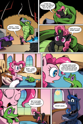 Size: 3000x4500 | Tagged: safe, artist:lovelyneckbeard, character:gummy, character:pinkie pie, character:princess luna, character:rainbow dash, character:twilight sparkle, species:changeling, alternate universe, bed, cannon, changelingified, comic, dream sequence, dream walker luna, exclamation point, fangs, fetal position, hug, i can't believe it's not idw, jojo pose, jojo's bizarre adventure, manly gummy, messy mane, muscles, no fun in pinkie town, one eye closed, or was it?, pink changeling, purple changeling, shapeshifting, stand, traumatized, wink