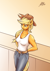 Size: 2894x4093 | Tagged: safe, artist:lovelyneckbeard, character:applejack, species:anthro, species:earth pony, species:pony, cleavage, clothing, cowboy hat, female, hat, solo, stetson, tank top