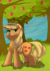 Size: 2480x3507 | Tagged: safe, artist:atane27, character:applejack, female, smiling, solo, tree