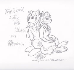 Size: 2625x2496 | Tagged: safe, artist:littlewolfstudios, non-mlp oc, oc, oc only, oc:kirawolf, species:wolf, blushing, commission, design, digital art, female, furry, monochrome, patreon, sitting, smiling, support