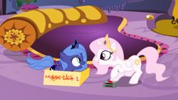 Size: 960x540 | Tagged: safe, artist:pluckyninja, artist:tamalesyatole, character:princess celestia, character:princess luna, box, button, celestias room, cewestia, eye contact, filly, open mouth, smiling, to the moon, woona
