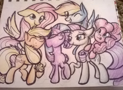 Size: 1977x1456 | Tagged: safe, artist:uunicornicc, character:applejack, character:fluttershy, character:pinkie pie, character:rainbow dash, character:rarity, character:twilight sparkle, character:twilight sparkle (alicorn), species:alicorn, episode:friendship is magic, g4, my little pony: friendship is magic, anniversary, derp, eyes closed, floppy ears, mane six, nuzzling, traditional art, wink