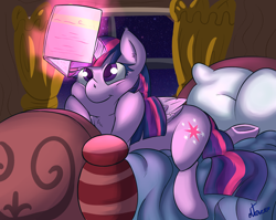Size: 1280x1019 | Tagged: safe, artist:atane27, character:twilight sparkle, character:twilight sparkle (alicorn), species:alicorn, species:pony, bed, book, female, magic, mare, solo, underhoof