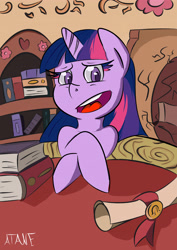 Size: 2893x4092 | Tagged: safe, artist:atane27, character:twilight sparkle, book, female, golden oaks library, looking at you, scroll, solo