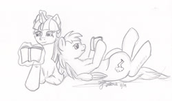 Size: 2368x1397 | Tagged: safe, artist:littlewolfstudios, character:rainbow dash, character:twilight sparkle, ship:twidash, book, cuddling, cute, female, lesbian, monochrome, read, shipping, snuggling, traditional art