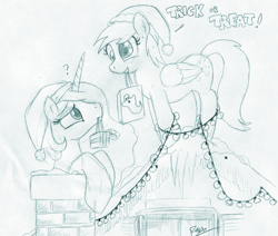 Size: 1000x848 | Tagged: safe, artist:foxxy-arts, character:derpy hooves, character:princess celestia, species:pegasus, species:pony, clothing, confused, female, hat, mare, monochrome, santa hat, traditional art