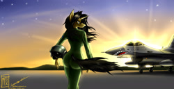 Size: 4500x2300 | Tagged: safe, artist:thedrunkcoyote, oc, oc only, oc:amber steel, species:anthro, species:pony, species:unicorn, anthro oc, f-16, fighter, flight suit, helmet, looking back, mexican flag, pilot, plane